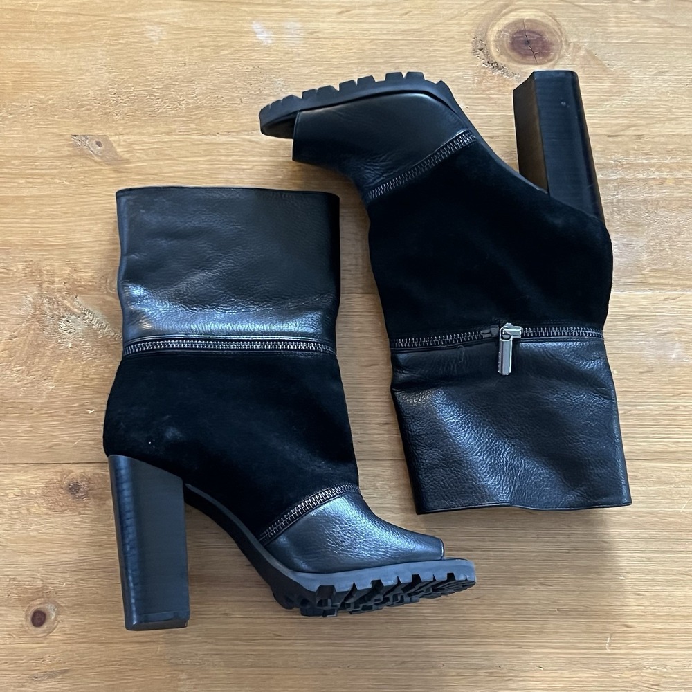 Katy Perry The Evelyn Black Leather Suede Peep Toe Platform Ankle Boots 8.5